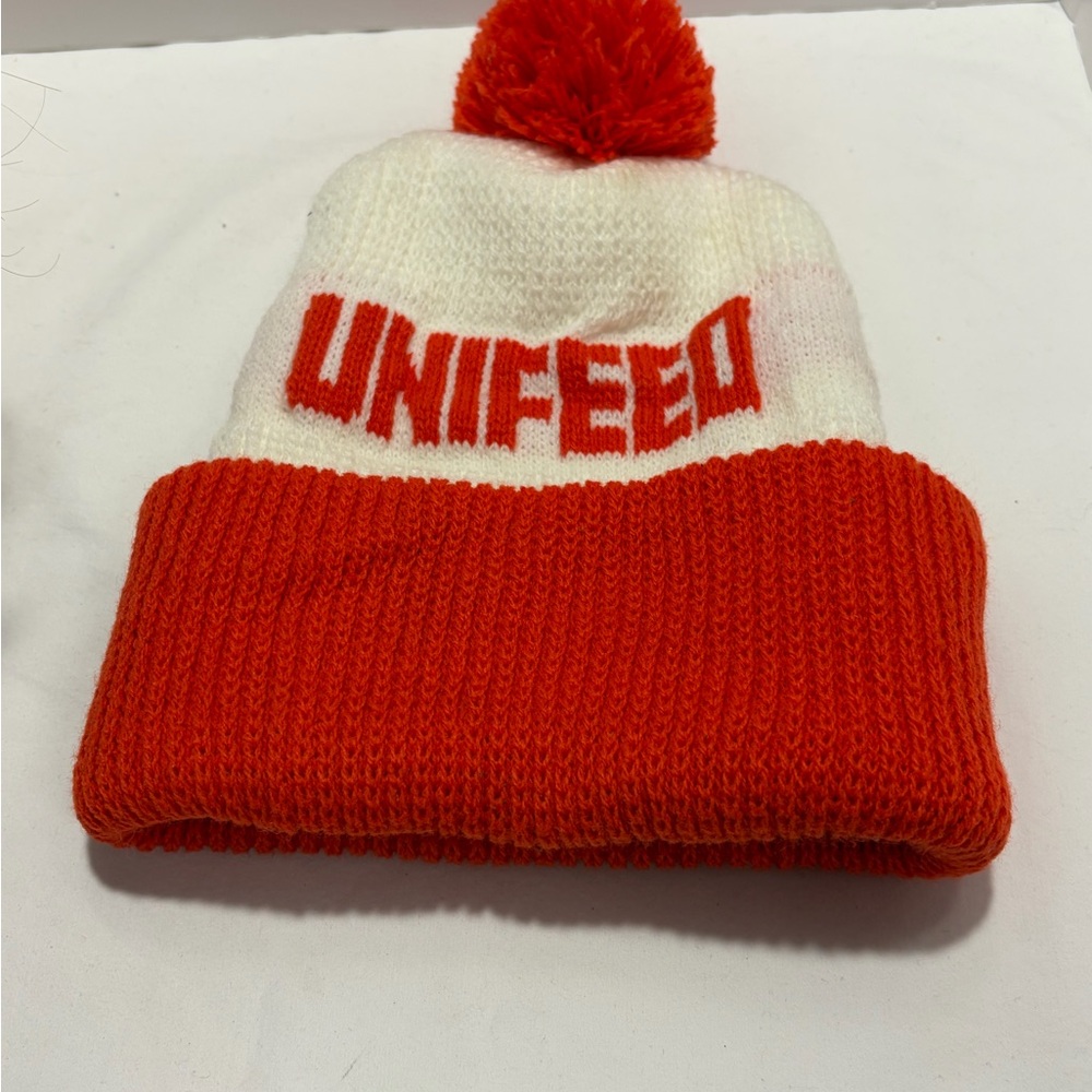 Vintage UNIFEED Orange and White Pom Cuffed Knit Beanie New Old Stock
